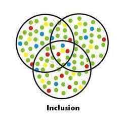 a triple circle Venn Diagram with multicolored dots and the word inclusion at the bottom of the image