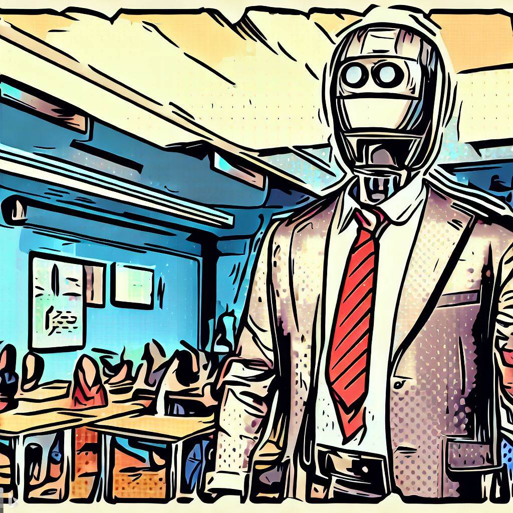 A robot dressed up in a suit and tie standing in front of a classroom filled with students. The room is well lit and the walls are a light color and there are whiteboards on the walls with notes written on them. The image is drawn in the style of a graphic novel (image made by Bing Image Creator)