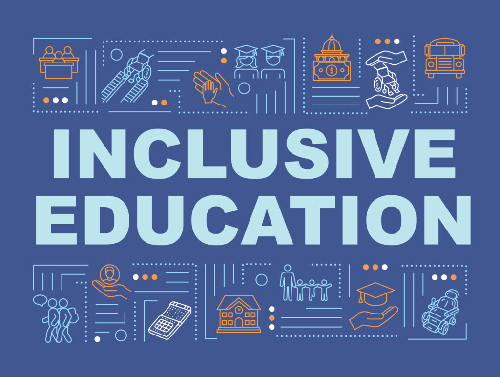 The image features the words "INCLUSIVE EDUCATION" in large, light blue capital letters centered on a dark blue background. Surrounding the text are various line art illustrations in orange and white, depicting elements related to education and inclusivity. These include icons of a classroom, students with disabilities, graduation caps, a school building, hands holding a diploma and a graduation cap, an abacus, and more. The overall design emphasizes the importance of inclusive education by integrating diverse educational symbols around the central message.