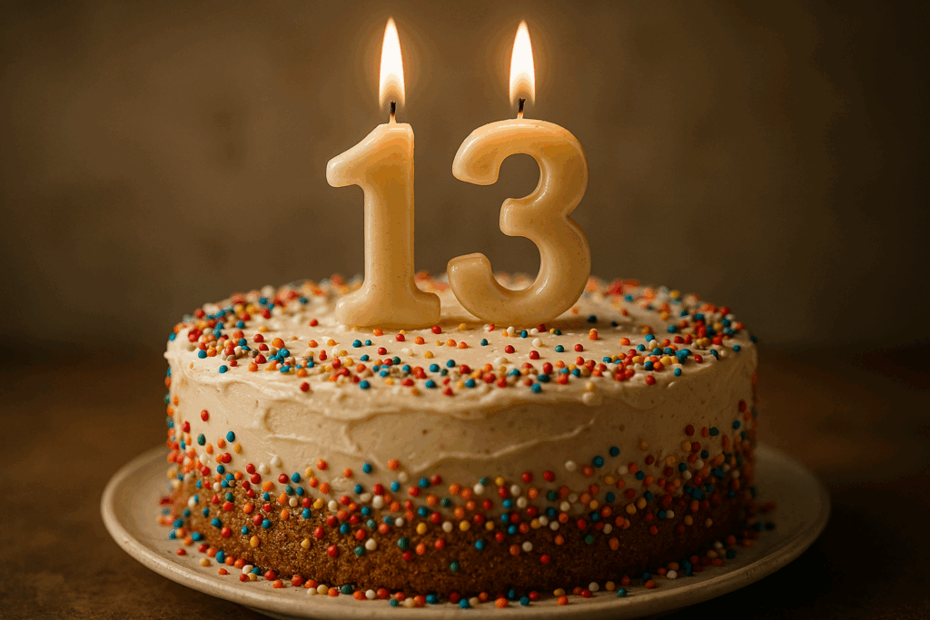 birthday cake with the candles shaped like number 13