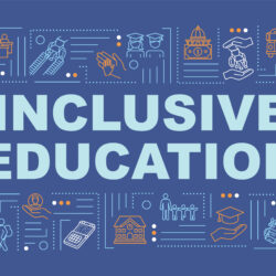 The image features the words "INCLUSIVE EDUCATION" in large, light blue capital letters centered on a dark blue background. Surrounding the text are various line art illustrations in orange and white, depicting elements related to education and inclusivity. These include icons of a classroom, students with disabilities, graduation caps, a school building, hands holding a diploma and a graduation cap, an abacus, and more. The overall design emphasizes the importance of inclusive education by integrating diverse educational symbols around the central message.