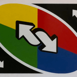 A Uno card featuring the "Wild Swap Hands" action. The card has a black background with a central oval divided into four colored sections: yellow, green, red, and blue. In the middle of the oval are two white arrows pointing in opposite directions, indicating the swap hands action.